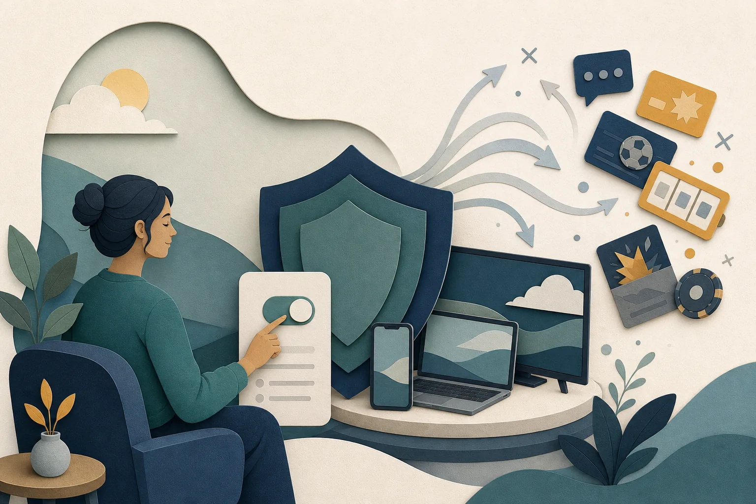A paper-cut phone and laptop protected by a shield from floating gambling advert shapes