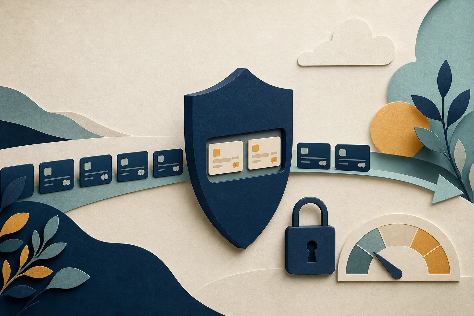 A layered paper-cut shield examining a small set of financial signals beside a private wallet