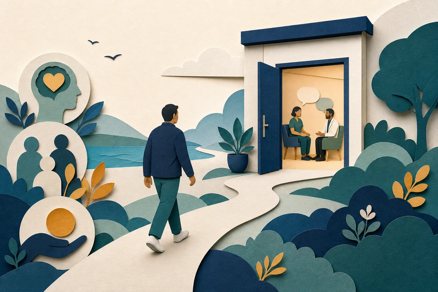 A welcoming paper-cut clinic doorway with a clear path, speech bubbles and supportive figures