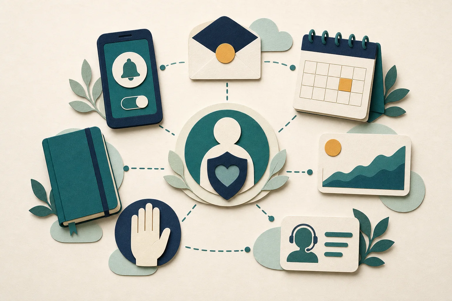 A personal goal is protected at the centre of connected reminder, email, calendar, tracker, notebook and support tools.