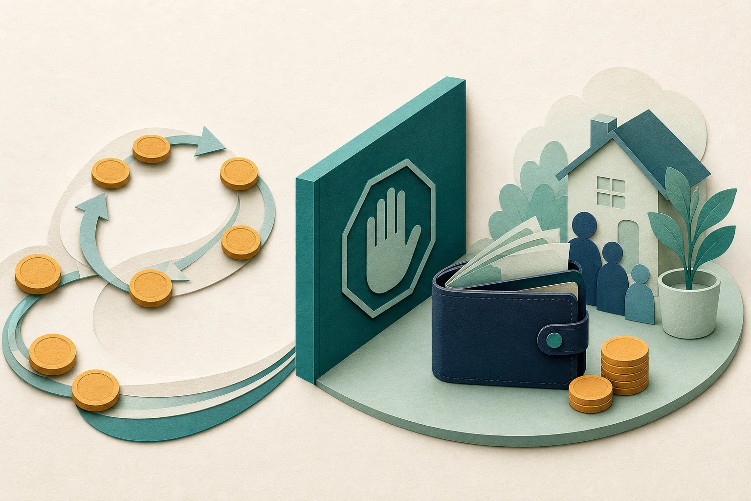 A looping trail of coins stopped by a barrier that protects a wallet and household money.