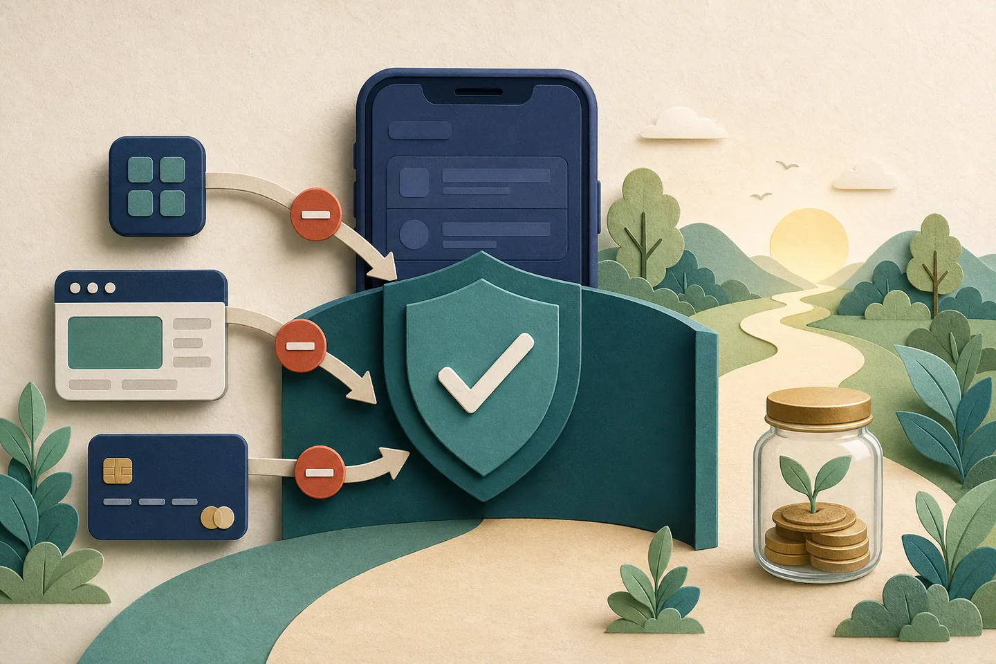 A phone, browser and payment card stopped by a protective barrier beside a savings jar and a clear path forward.