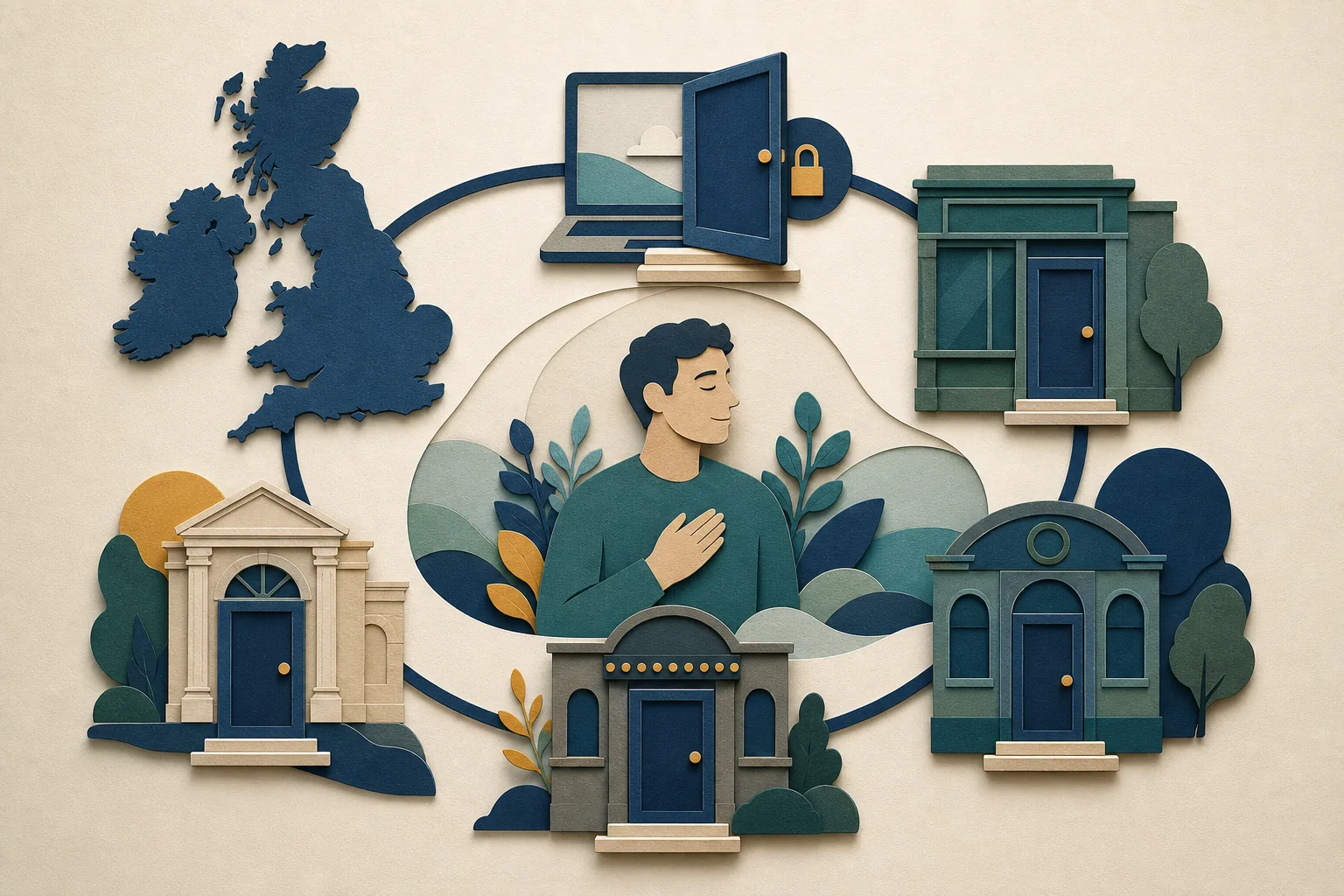 A UK map connects online, betting shop, casino, bingo and arcade routes to one protected destination.
