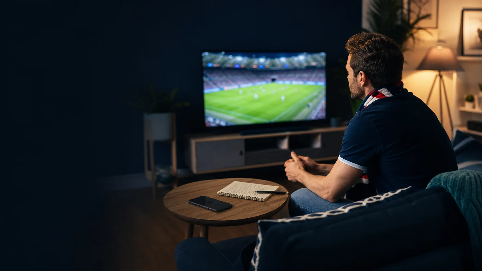 Football fan watching an international match with their phone set aside and a matchday plan nearby
